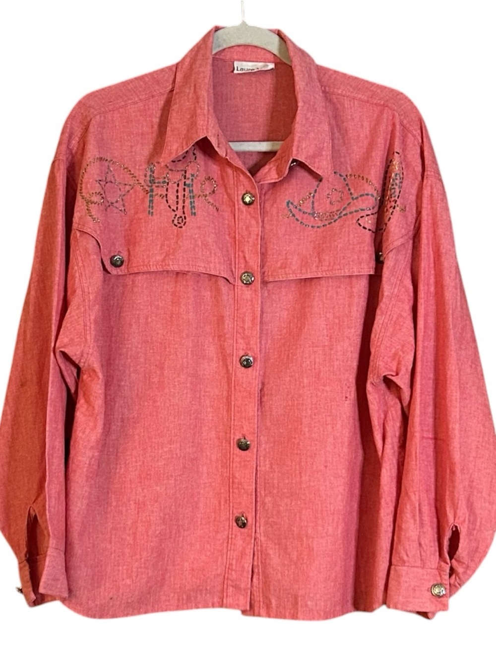 Vintage Laura Mae Western Shirt Beaded Embellished Salmon Red Color